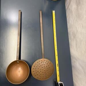 VTG Primitive Copper Brass Strainer And Ladle 14.25”  Set Of Two Riveted